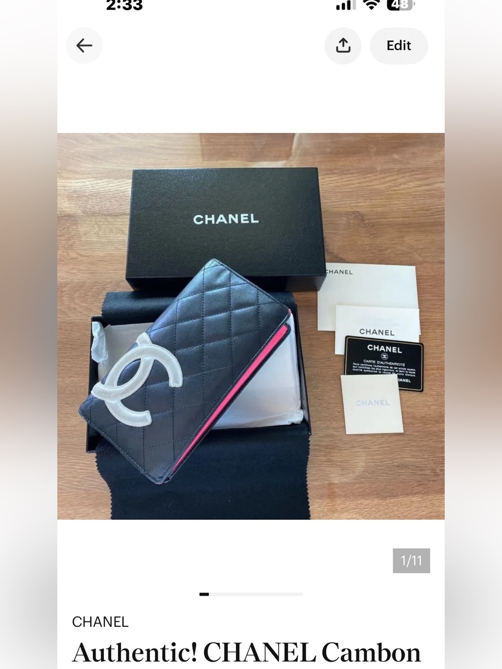 Authentic! CHANEL Cambon Coco BiFold Leather Long Wallet Black DO NOT COME CHAIN